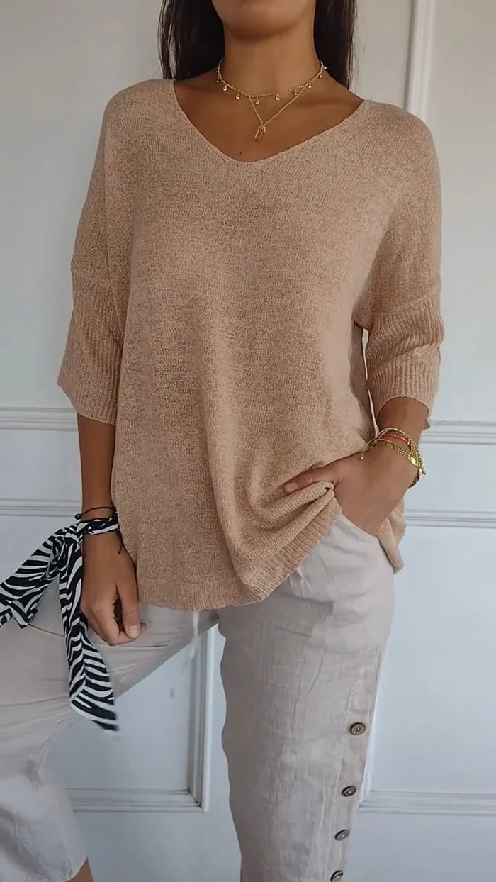 Soft Knit Top with V-Neck and 3/4 Sleeves for Women