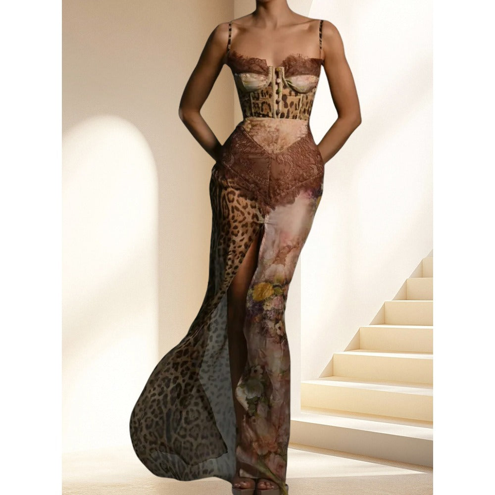 Leopard Print Mesh Dress with Lace and Button Detail for Women - Siria