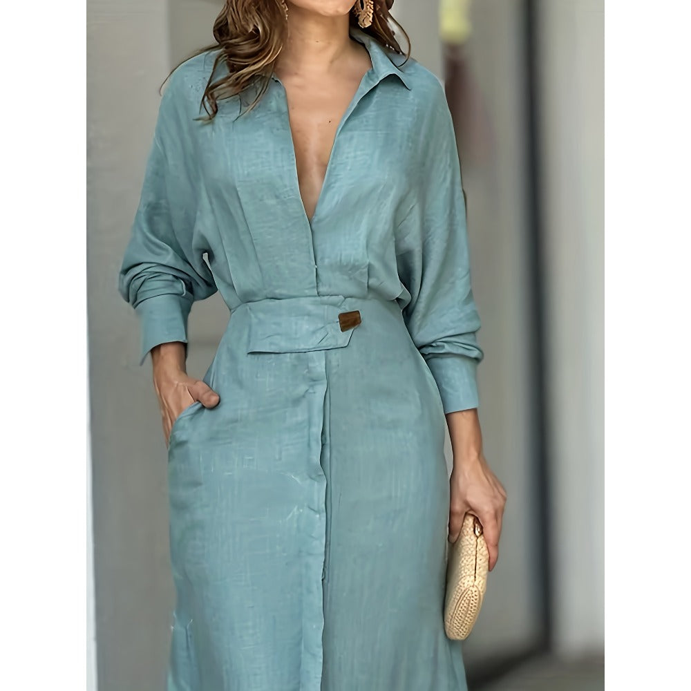 Teal Button Down Long Sleeve Maxi Dress for Women - Daria
