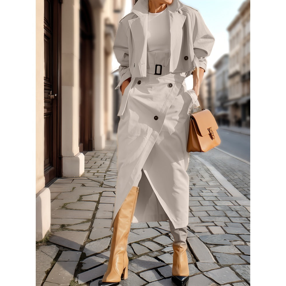 Trench Coat Skirt Set with Belt for Women - Grazia