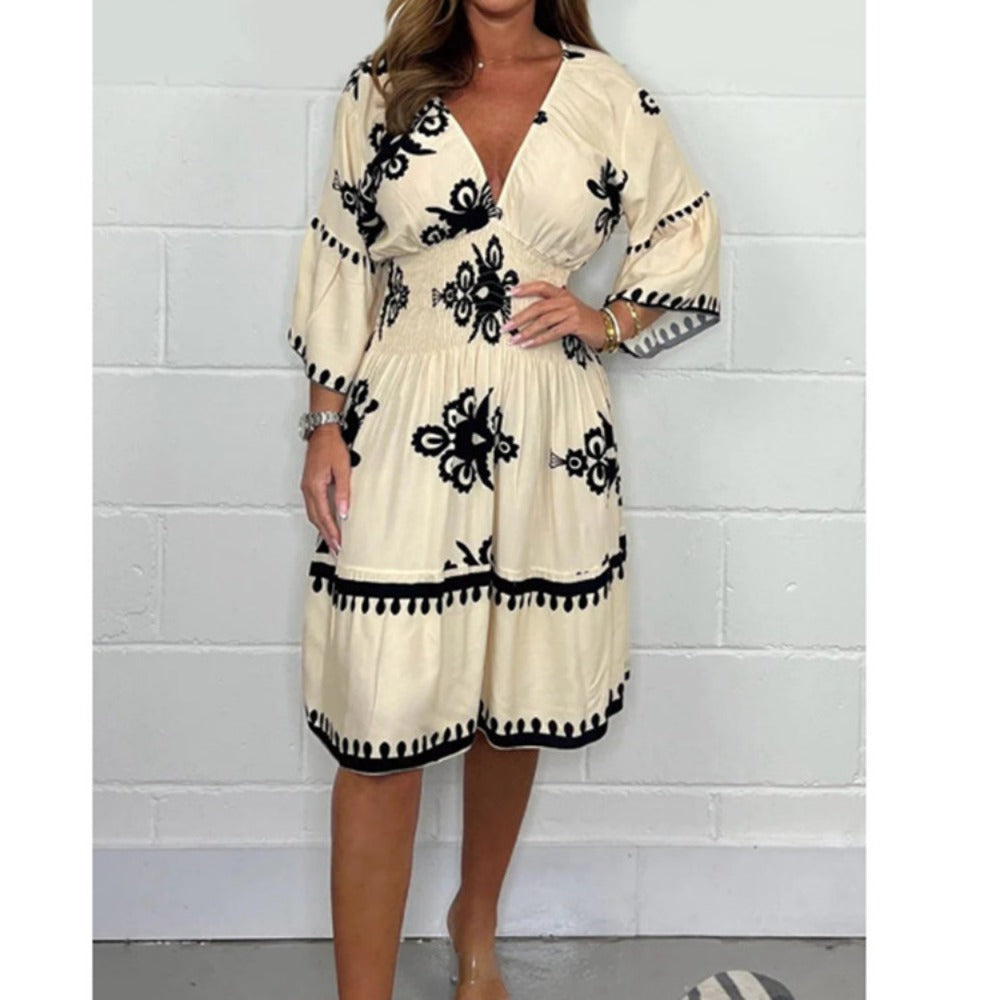 Floral Print V-Neck Dress with Bell Sleeves for Women - Alessandra