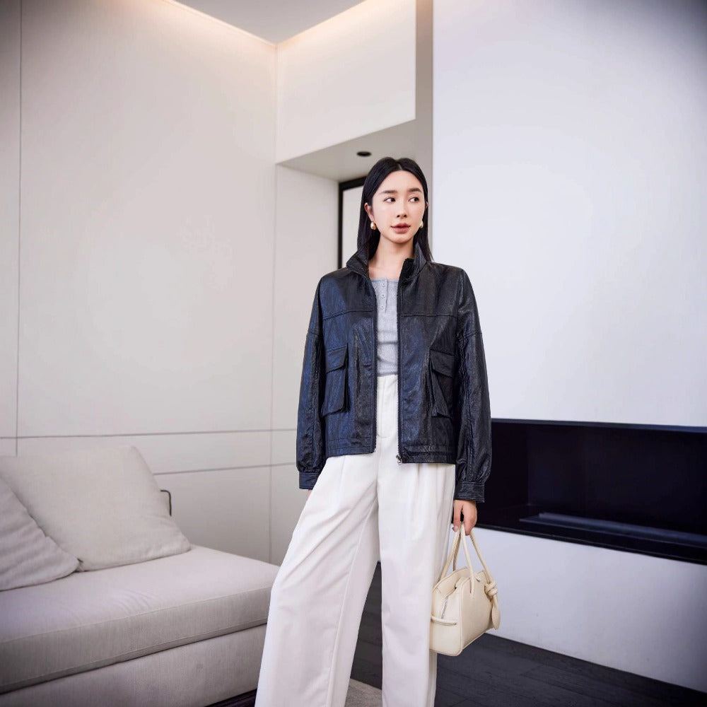 Faux Leather Zip Up Jacket with Pockets for Women - Elide