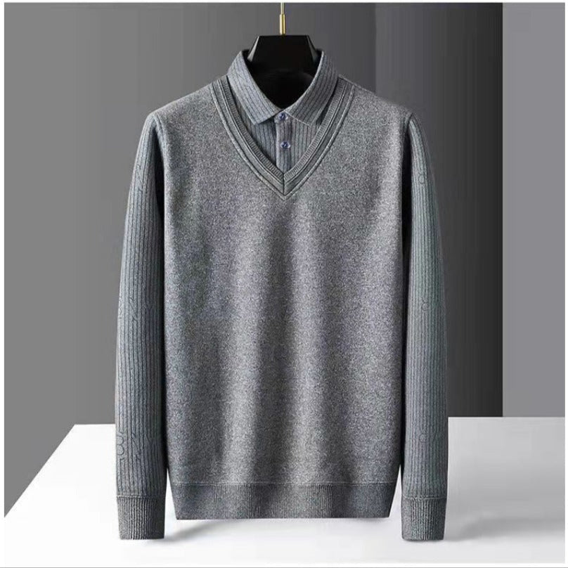 Fleece Lined V Neck Sweater with Collar for Men - Sibilla