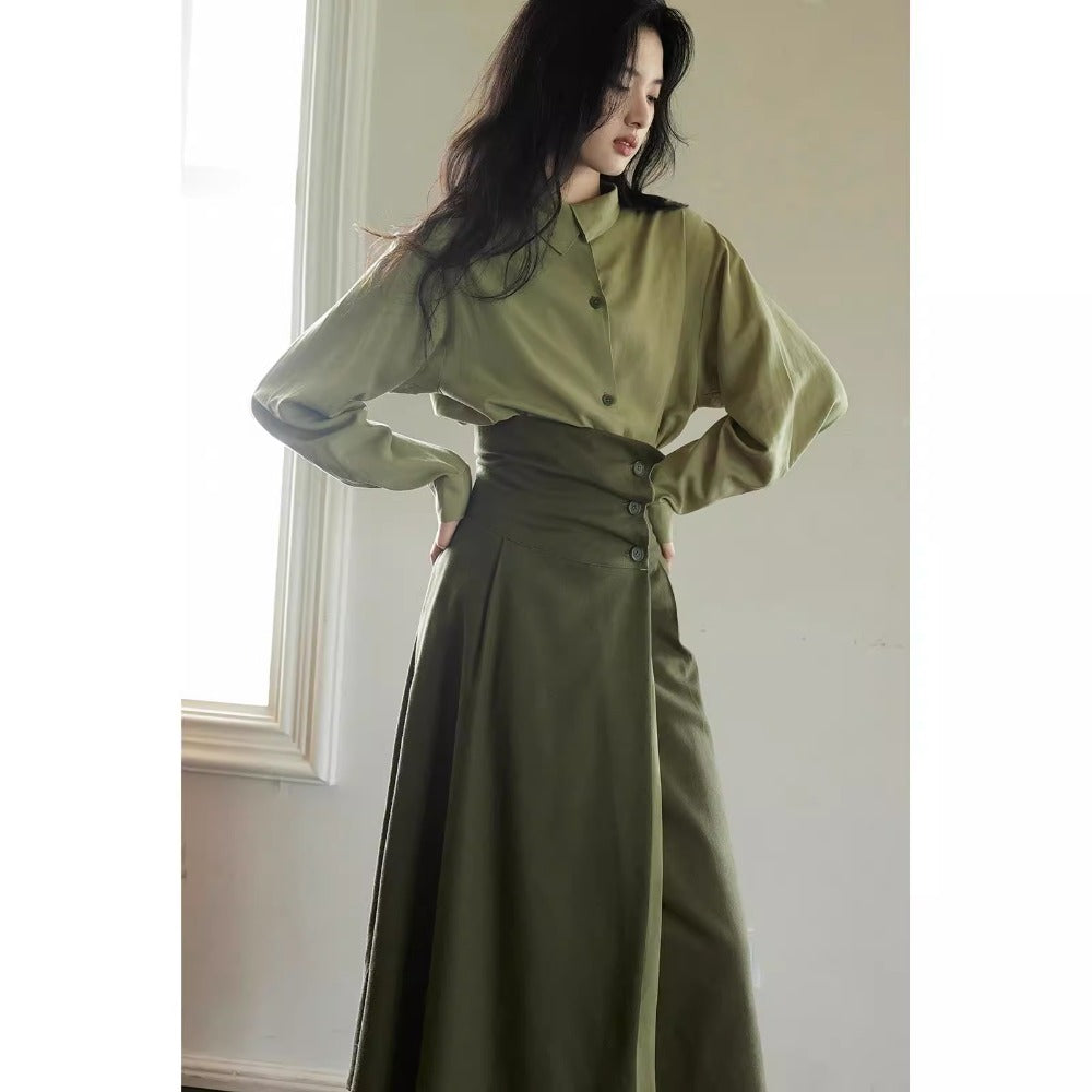 Olive Green Two Piece Long Sleeve Top and Skirt Set for Women - Giusy