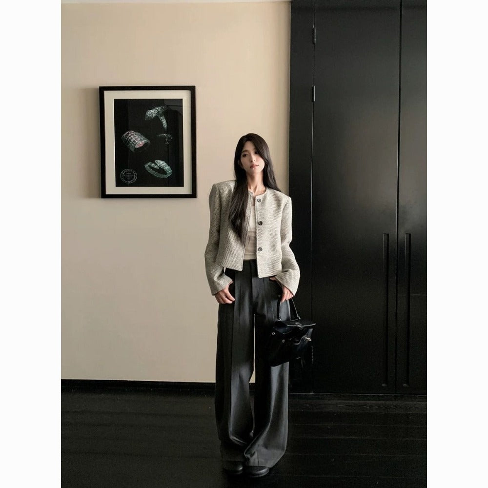 Grey Button Front Cropped Blazer Jacket for Women - Silvia