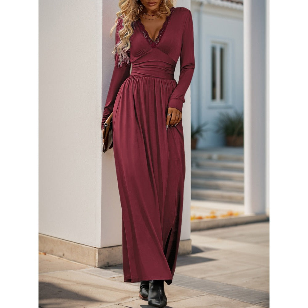 Maxi Dress with Lace V-Neck and Side Slit for Women - Ada