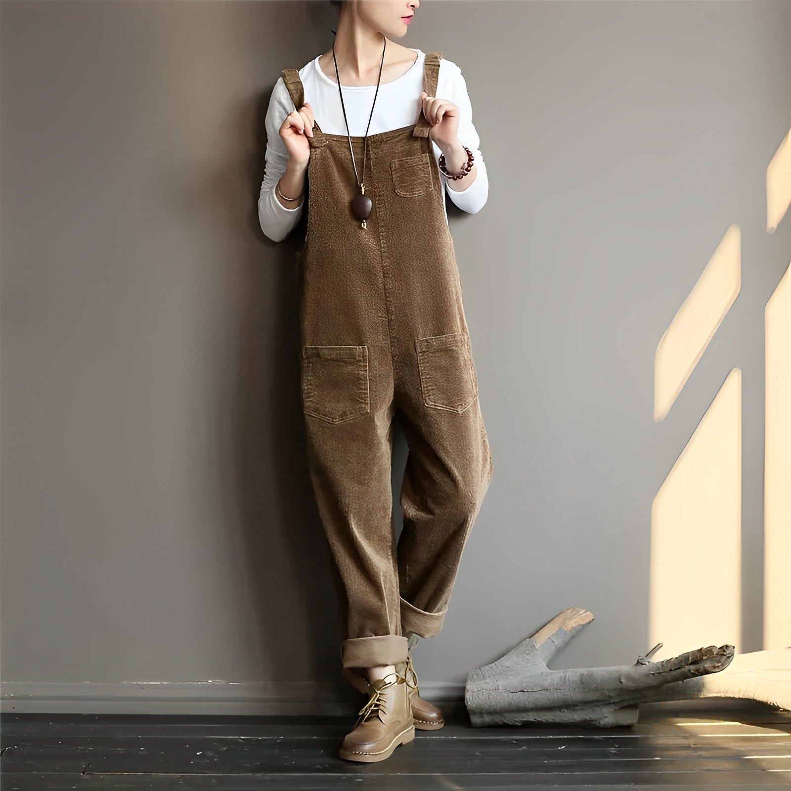 Retro Casual Corduroy Overall Jumpsuit with Pockets for Women