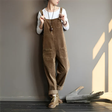 Retro Casual Corduroy Overall Jumpsuit with Pockets for Women