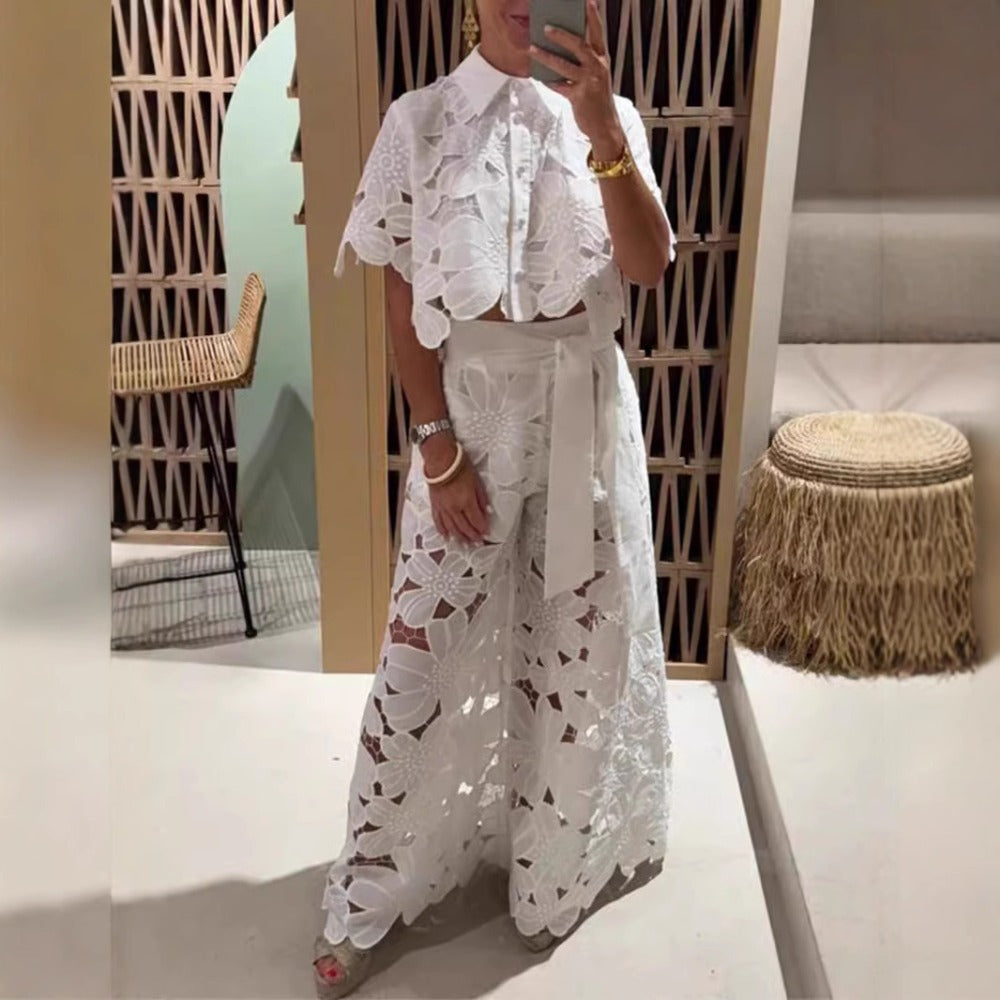 Lace Short Sleeve Top and Wide Leg Pants Set for Women - Virginia