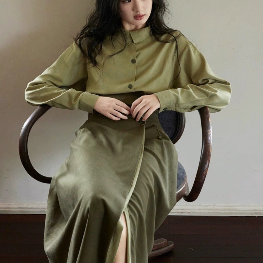 Olive Green Two Piece Long Sleeve Top and Skirt Set for Women - Giusy