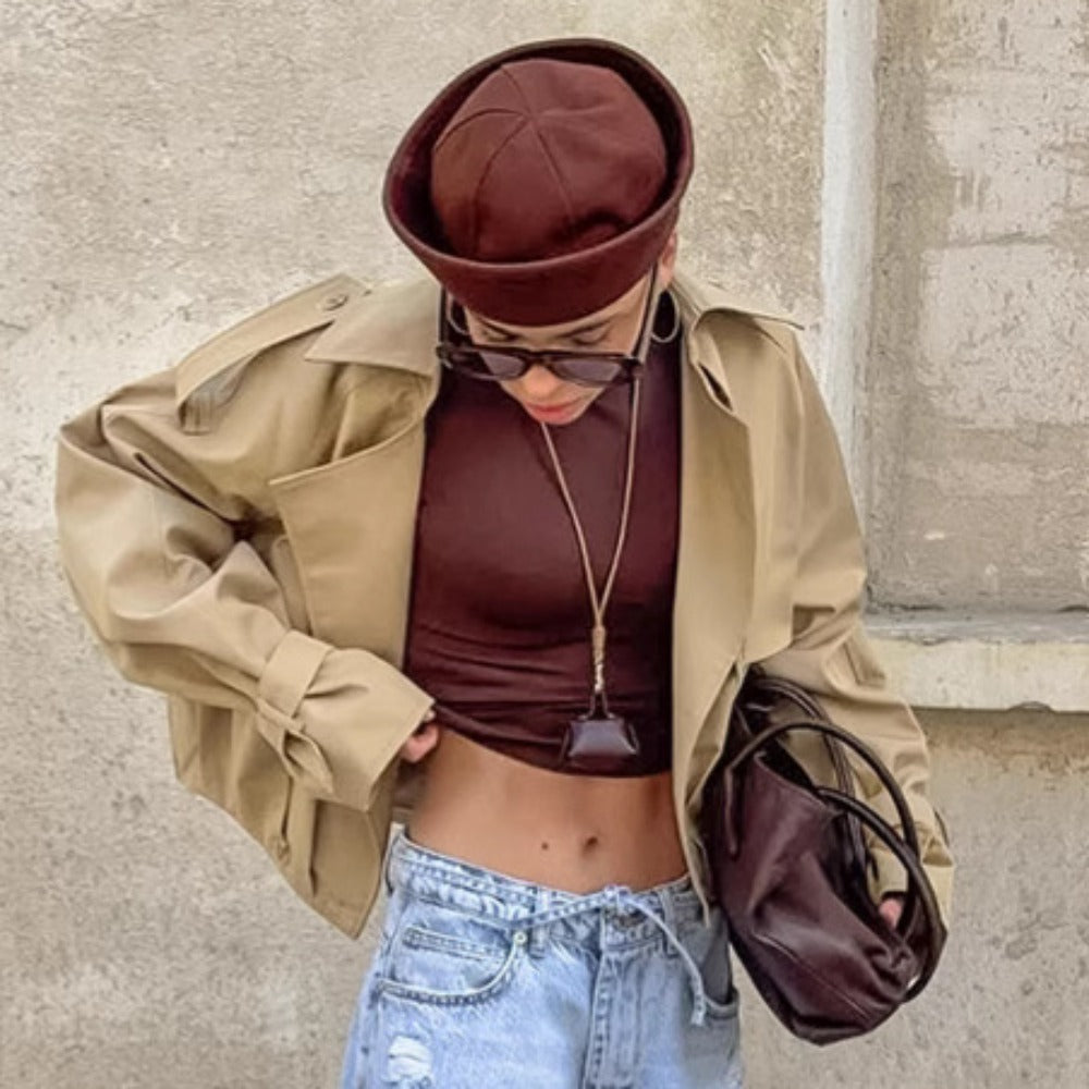 Khaki Cropped Trench Coat with Wide Collar for Women - Romana