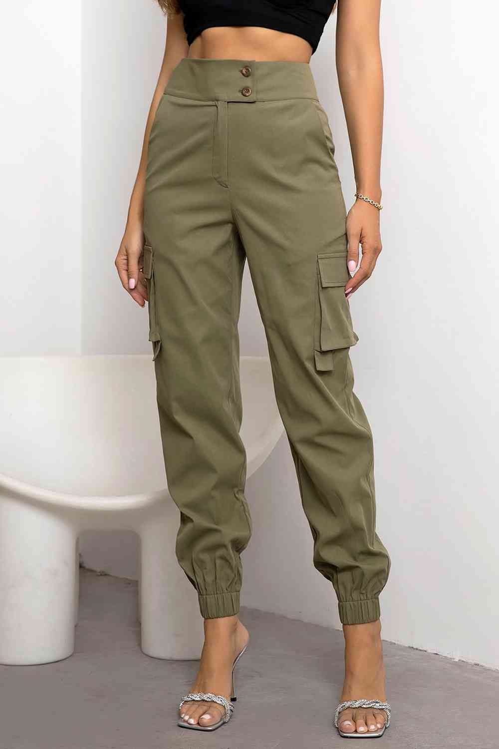 High Waist Cargo Trousers with Pockets for Women