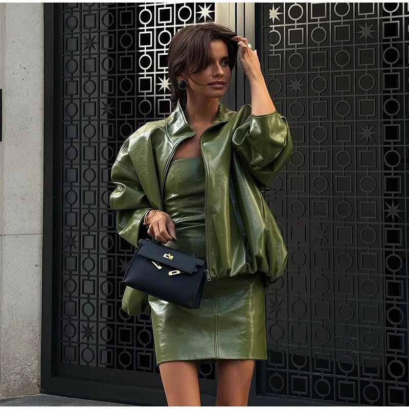 Women's Zip Up Leather Jacket | High Neck