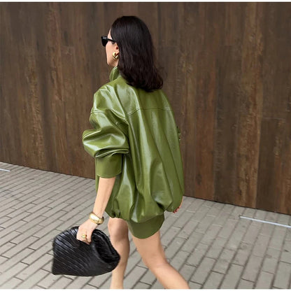 Women's Zip Up Leather Jacket | High Neck