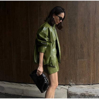 Women's Zip Up Leather Jacket | High Neck