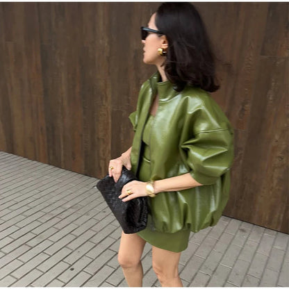 Women's Zip Up Leather Jacket | High Neck