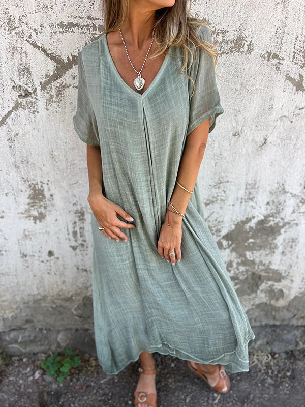 Casual Midi Summer Dress with V-Neck for Women | Loose Fit Style