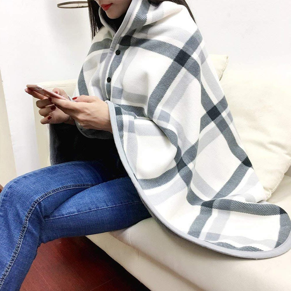 Plaid Fleece Poncho Cape with Buttons for Women - Lara