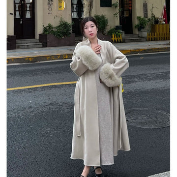 Long Overcoat with Faux Fur Cuffs for Women - Fortunata