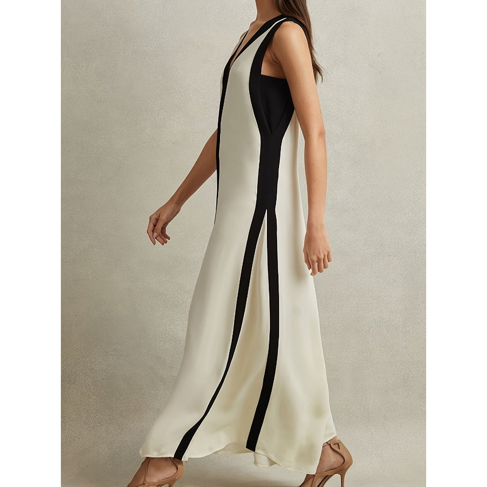White and Black Striped Maxi Dress with V-Neck for Women - Rita