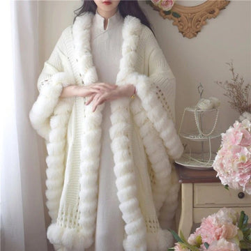 White Knit Cape with Faux Fur Trim for Women - Monica