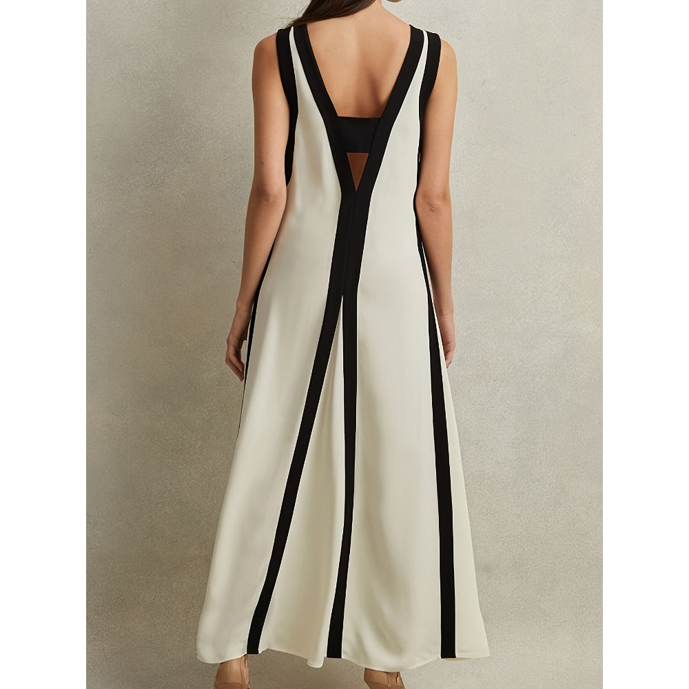 White and Black Striped Maxi Dress with V-Neck for Women - Rita