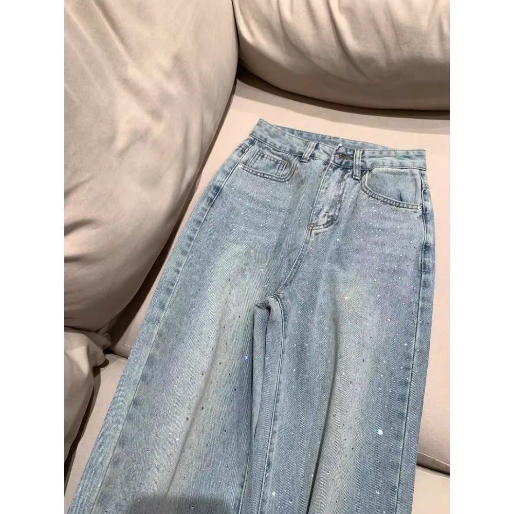 Light Blue High Waist Wide Leg Rhinestone Jeans for Women - Ursula