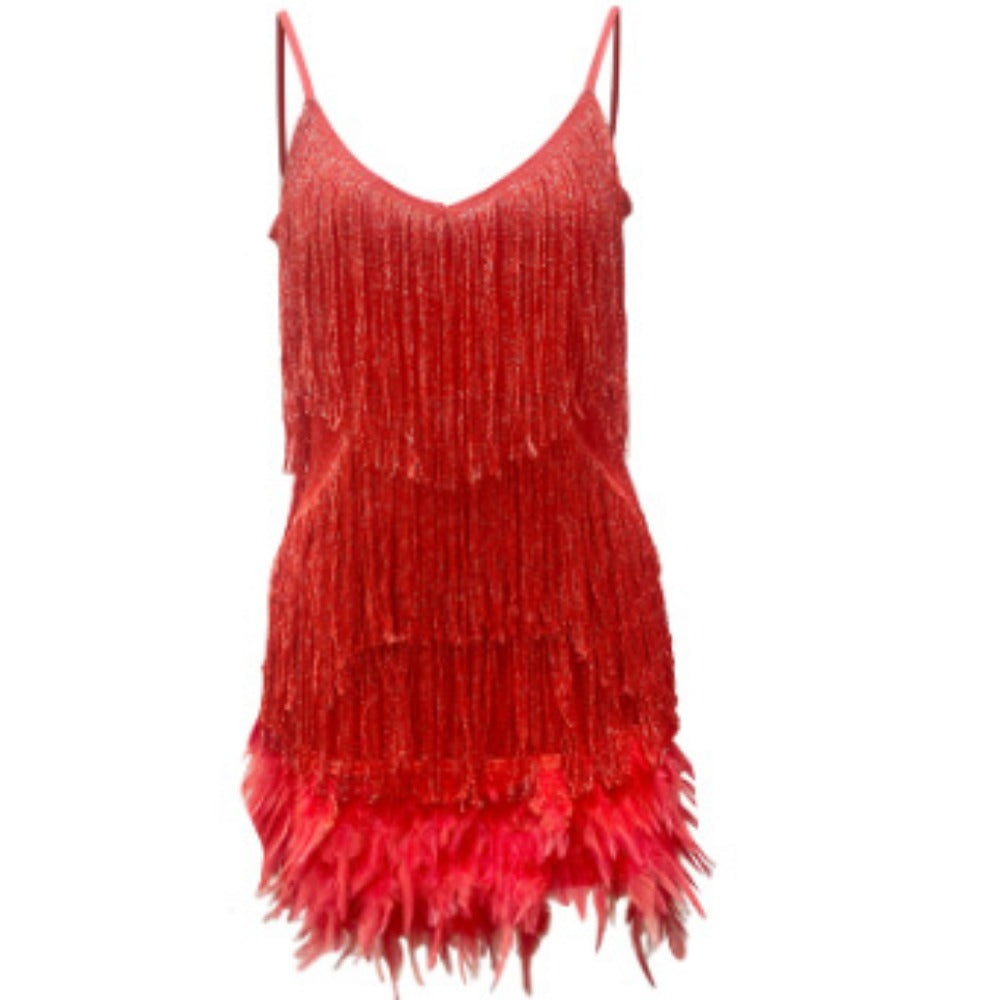 Sequin Fringe Mini Dress with Feathers for Women - Emma