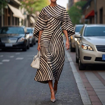 Black and White Striped Midi Dress with Wide Sleeves for Women - Sibilla