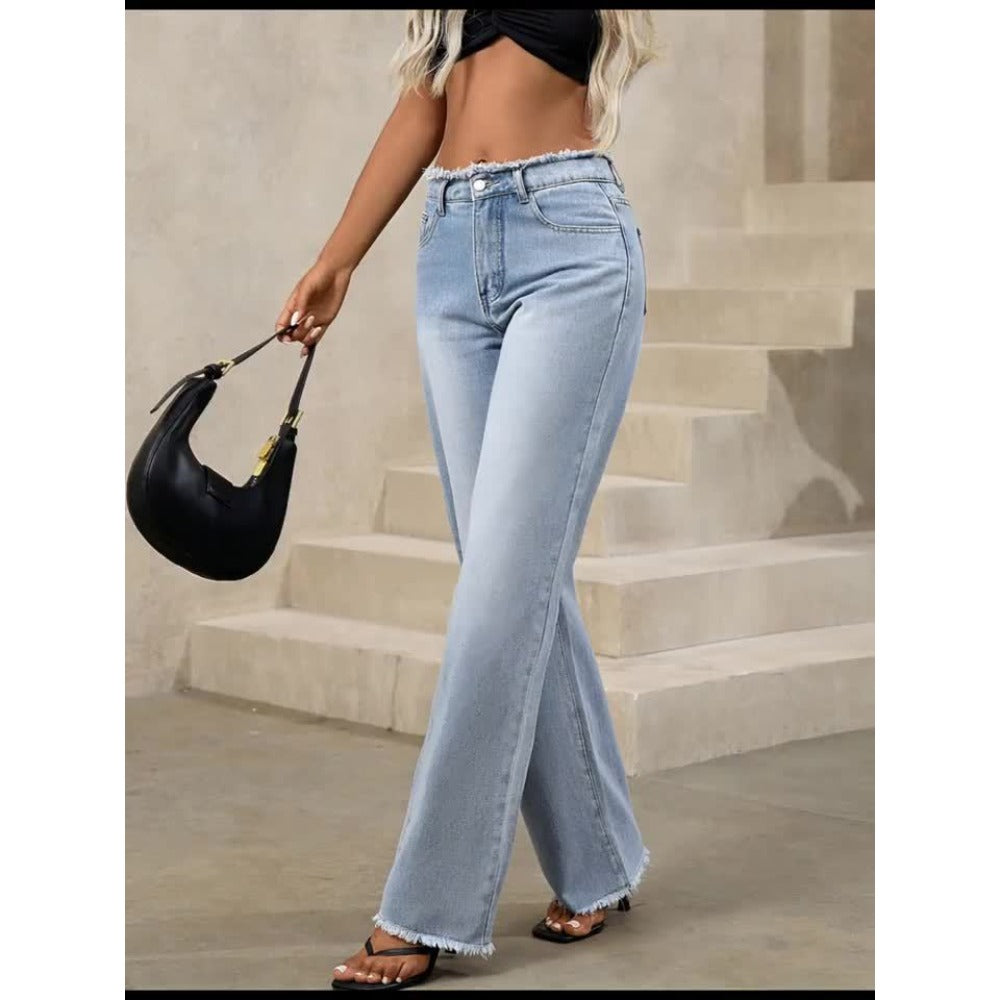 Light Blue Wide-Leg Denim Jeans with Frayed Hem for Women - Eva