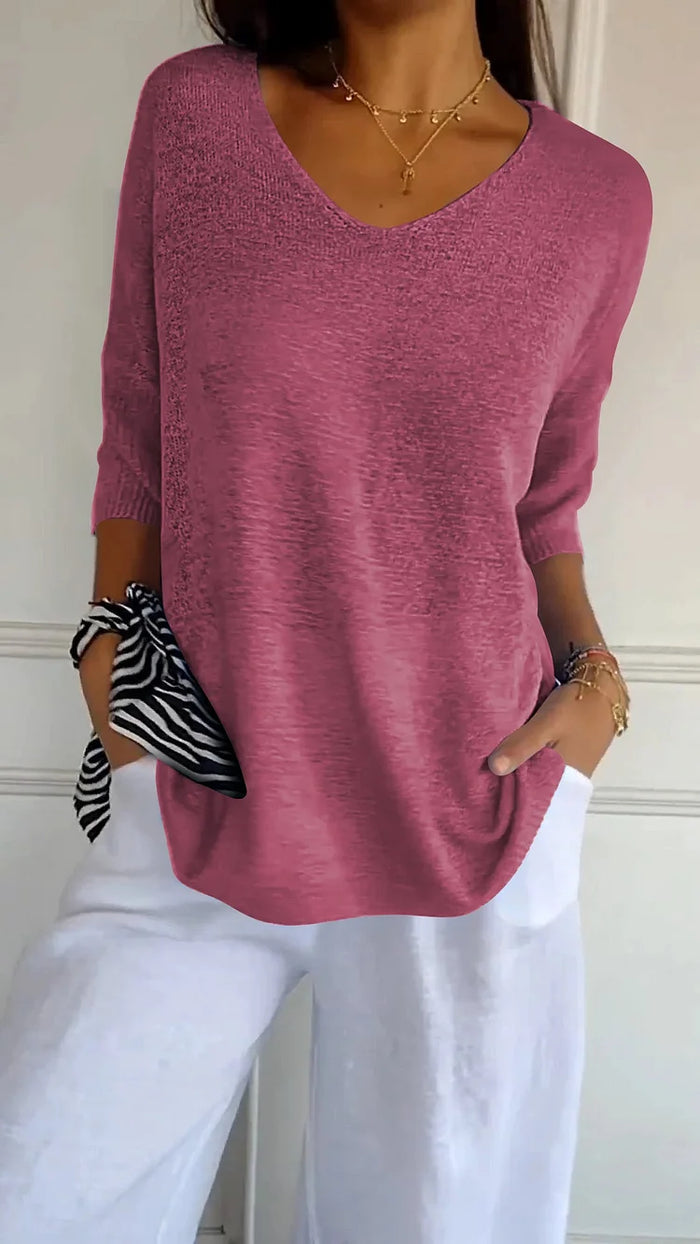 Soft Knit Top with V-Neck and 3/4 Sleeves for Women