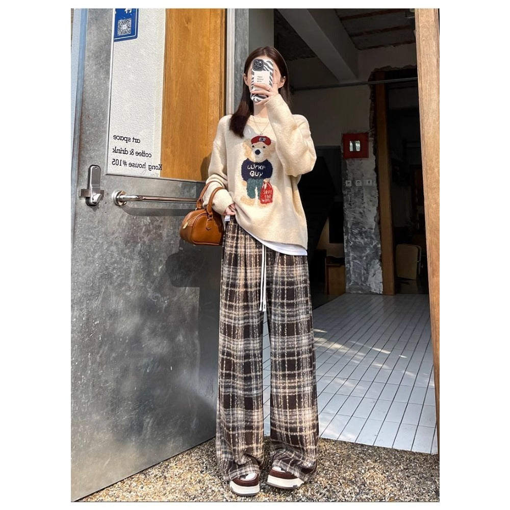 Plaid Wide-Leg Fleece-Lined Pants with Drawstring for Women - Miriam