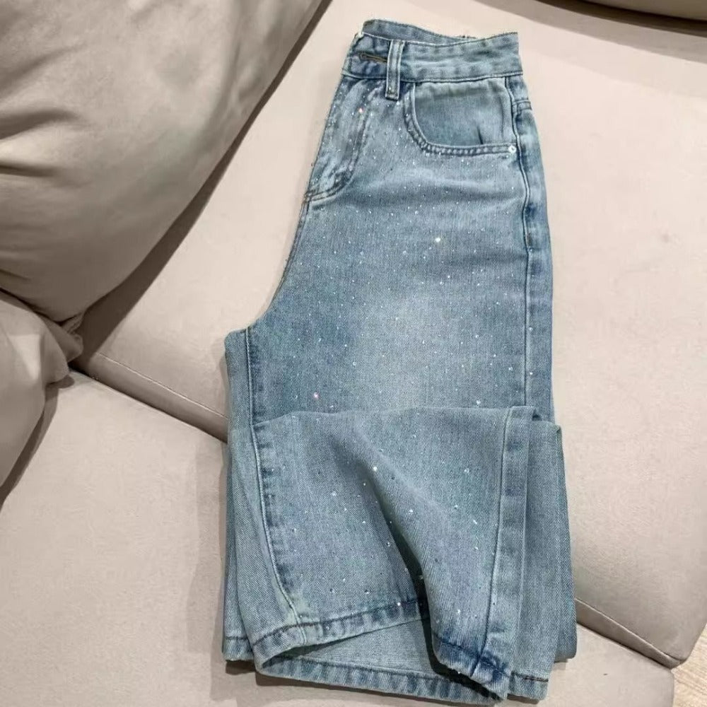 Light Blue High Waist Wide Leg Rhinestone Jeans for Women - Ursula