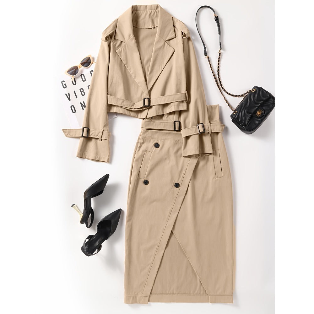 Trench Coat Skirt Set with Belt for Women - Grazia