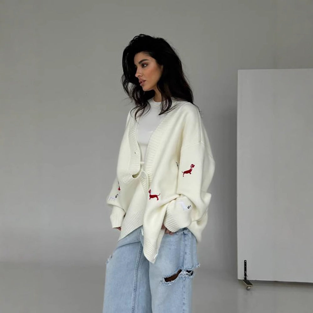 Oversized Knit Cardigan with Embroidery for Women - Angelica