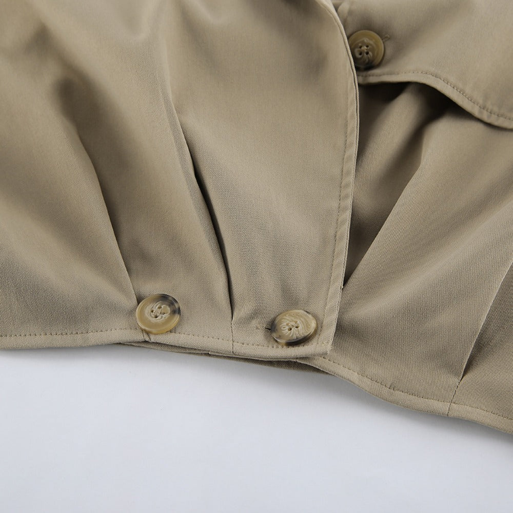 Khaki Cropped Trench Coat with Wide Collar for Women - Romana