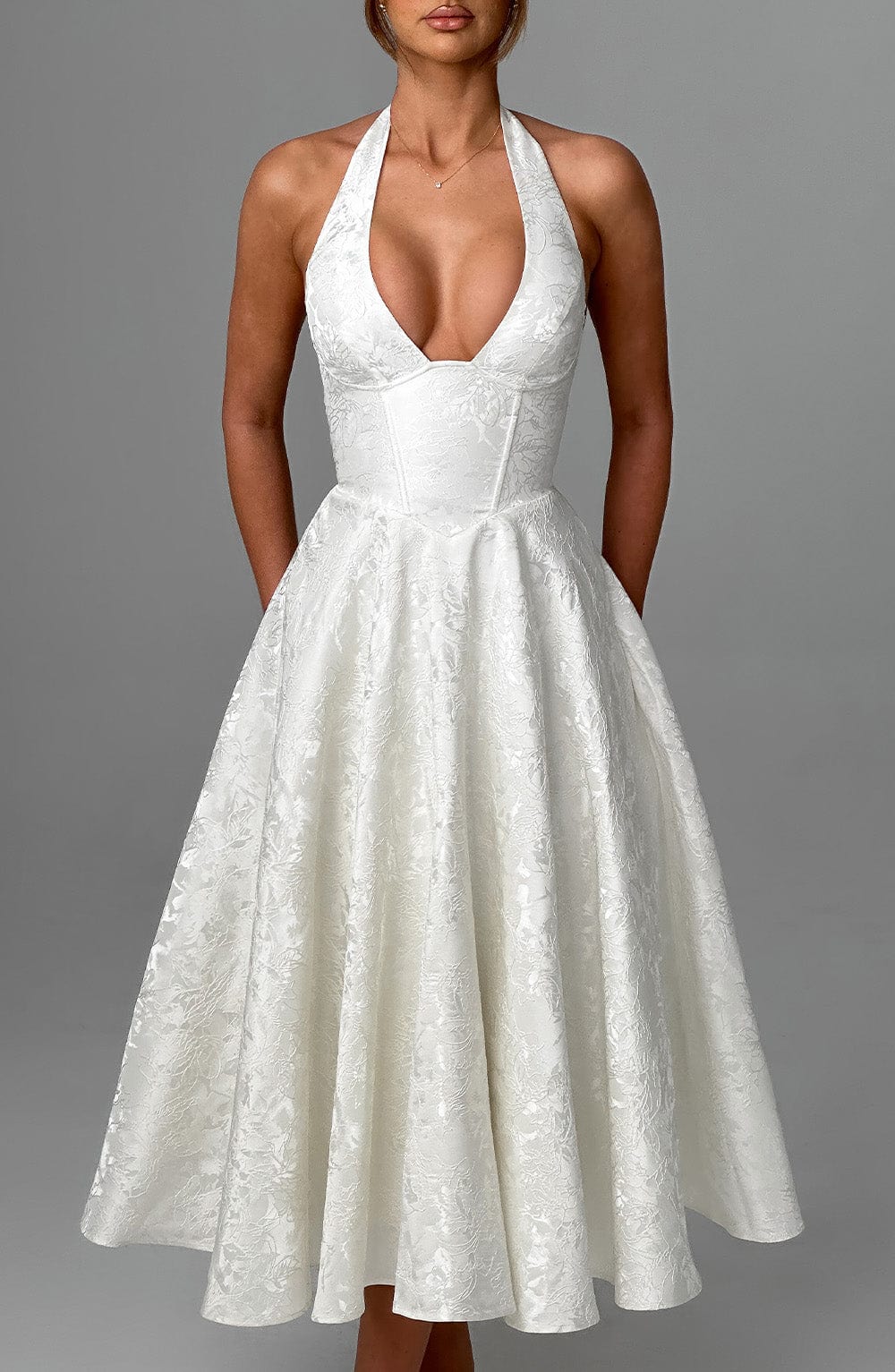 White Halter Midi Dress with Flared Skirt for Women - Natalia