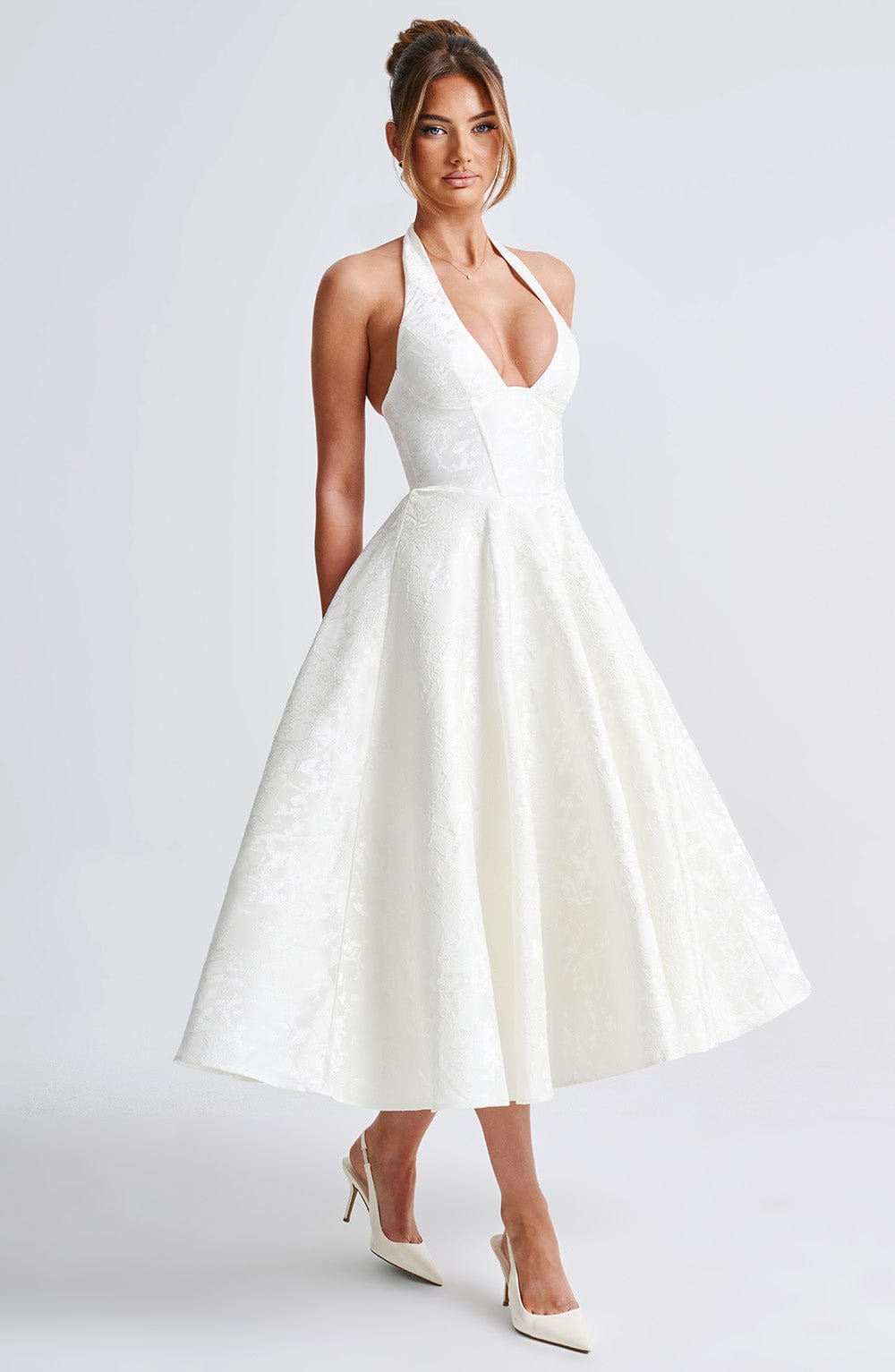 White Halter Midi Dress with Flared Skirt for Women - Natalia