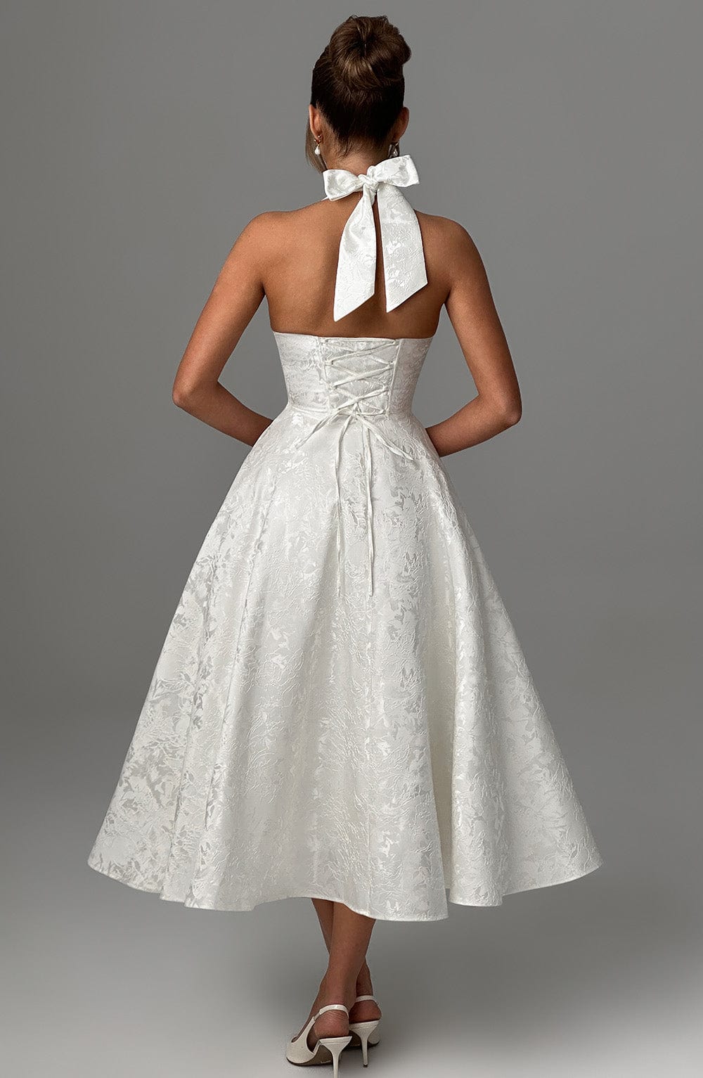 White Halter Midi Dress with Flared Skirt for Women - Natalia