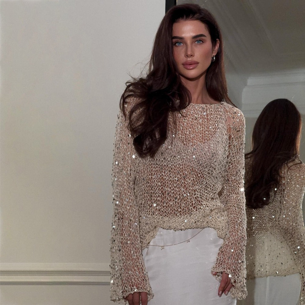 Sheer Knit Sequin Long Sleeve Top for Women - Nina