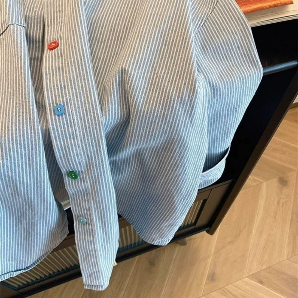 Light Blue Striped Button Down Shirt for Women - Eugenia