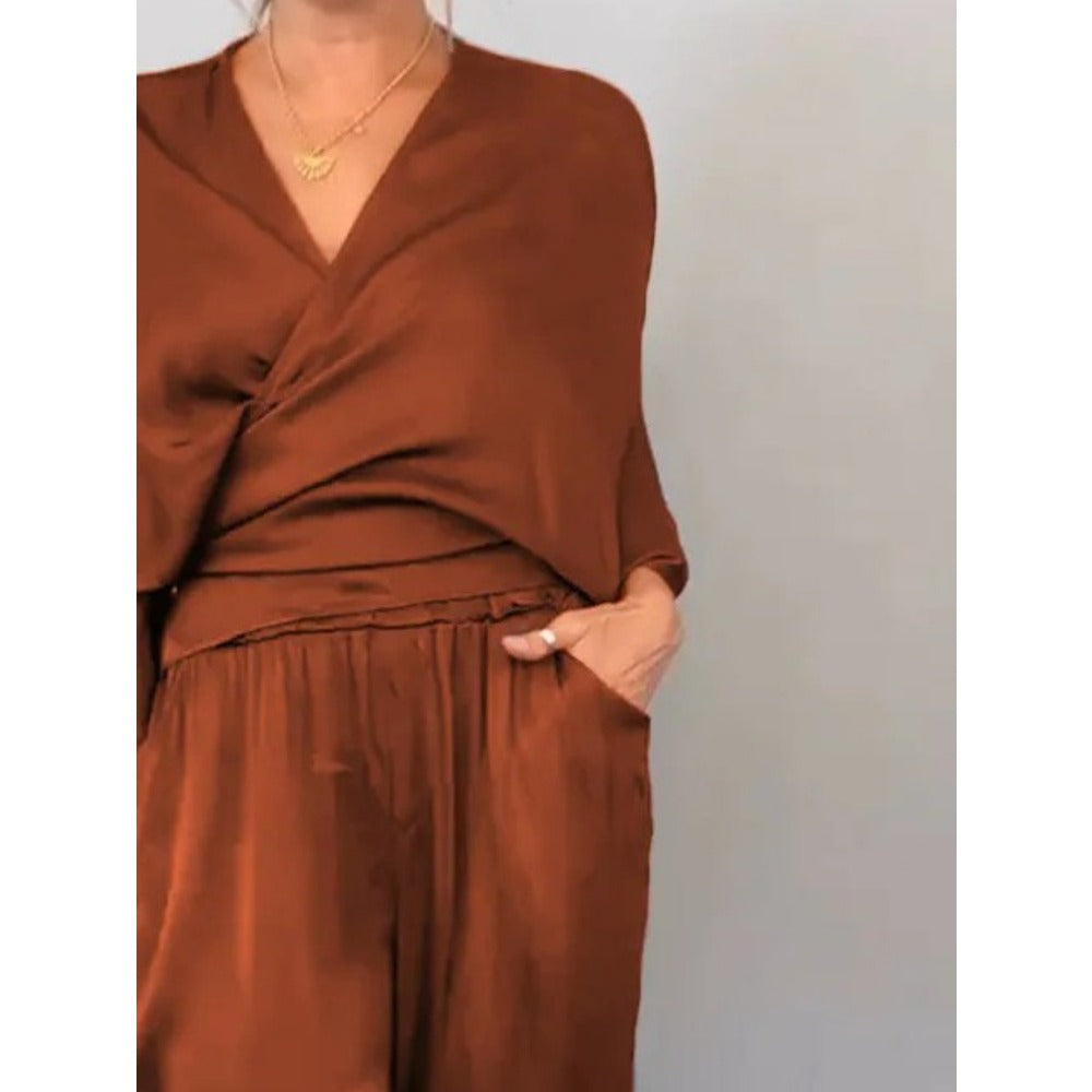Rust Brown Two Piece Wide Leg Pants Set for Women - Simona