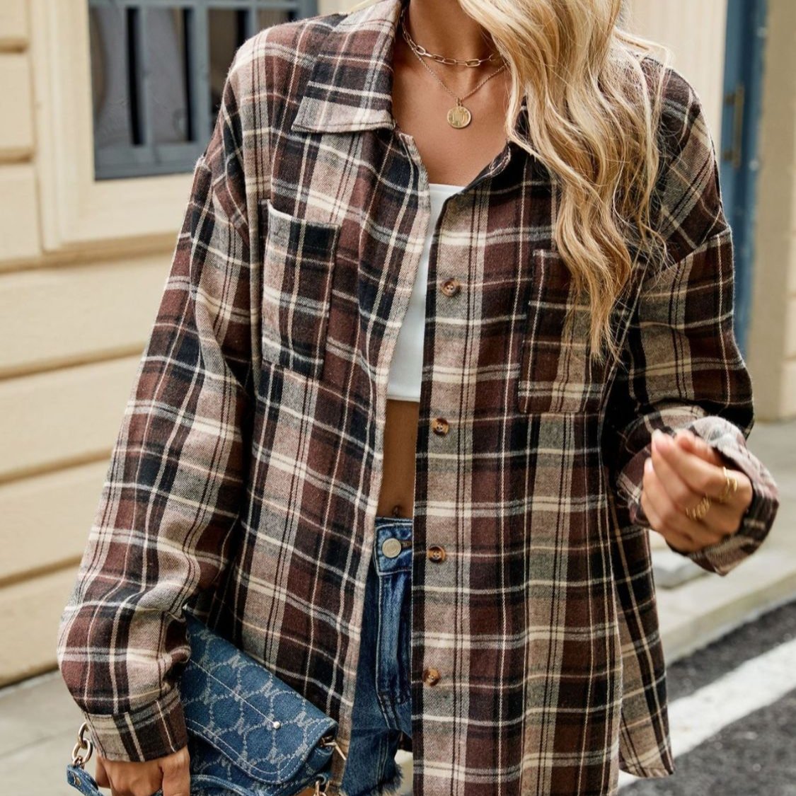 Casual Plaid Button Front Shirt with Chest Pockets for Women