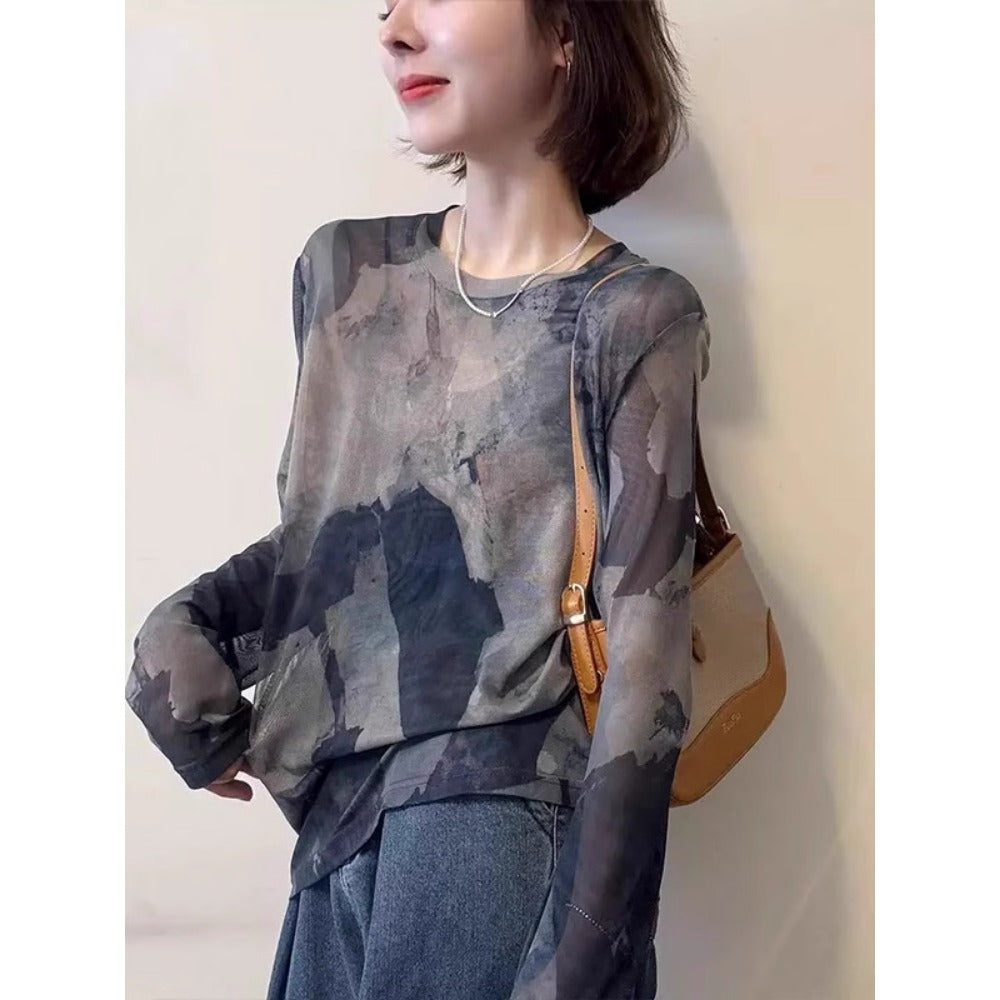 Grey Abstract Print Mesh Long Sleeve Top for Women - Rosaria