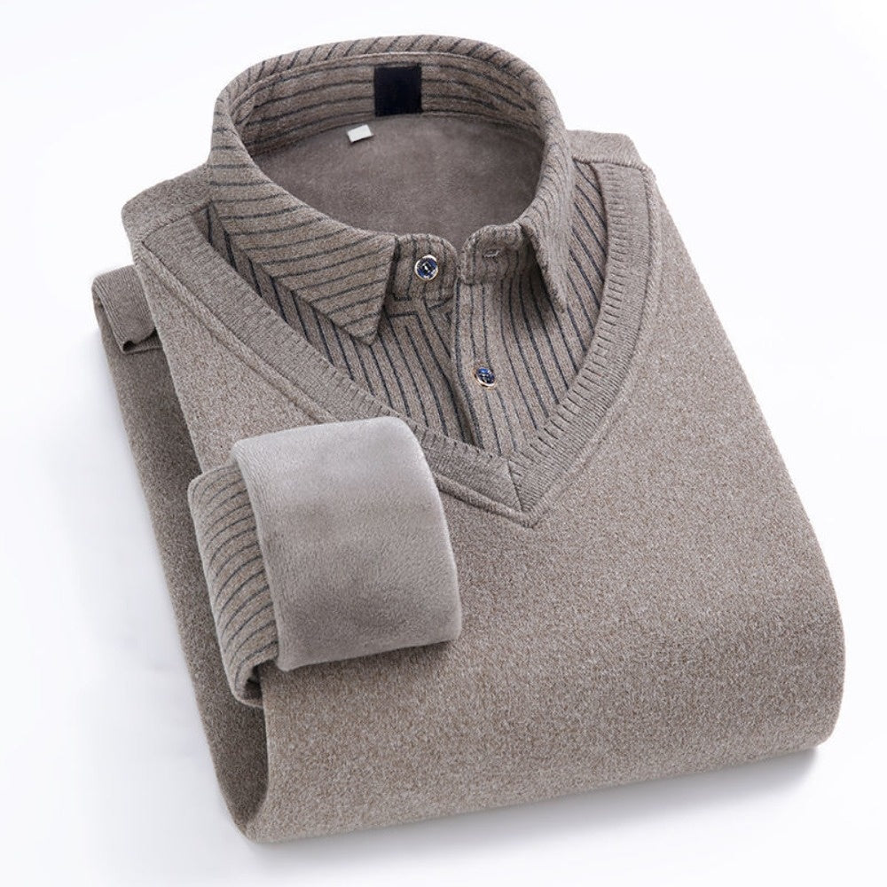 Fleece Lined V Neck Sweater with Collar for Men - Sibilla
