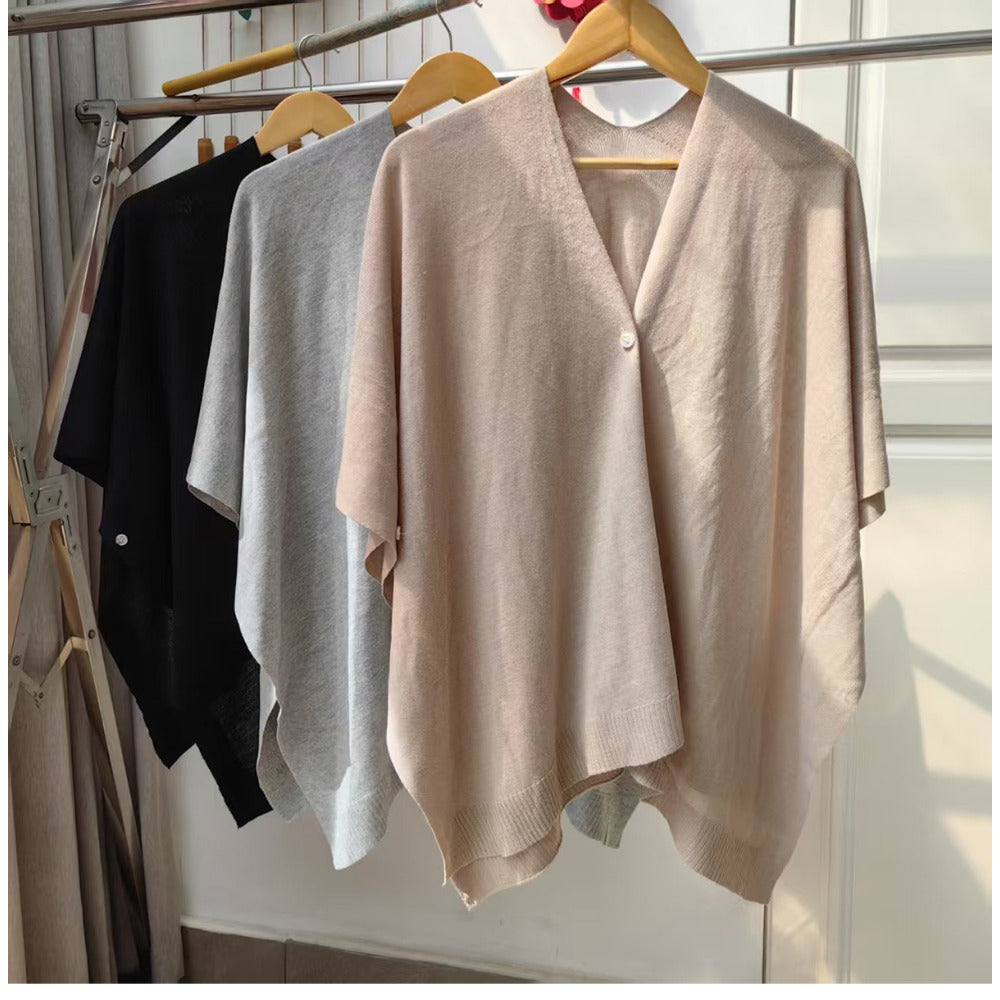 Solid Color Knit Shawl with Button for Women - Michela