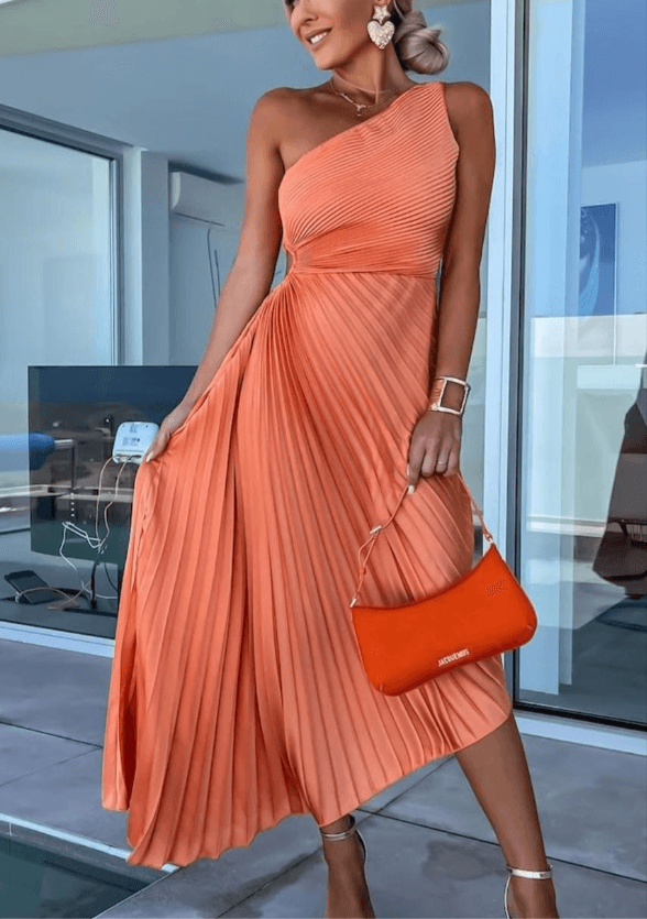 Women’s One Shoulder Pleated Midi Dress with Elegant Design
