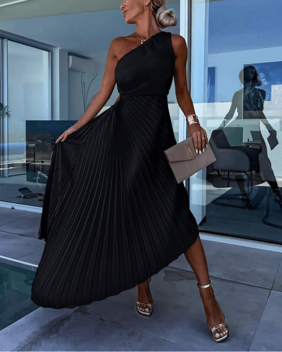 Women’s One Shoulder Pleated Midi Dress with Elegant Design