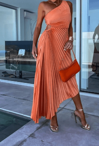Women’s One Shoulder Pleated Midi Dress with Elegant Design
