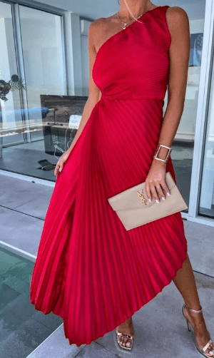 Women’s One Shoulder Pleated Midi Dress with Elegant Design